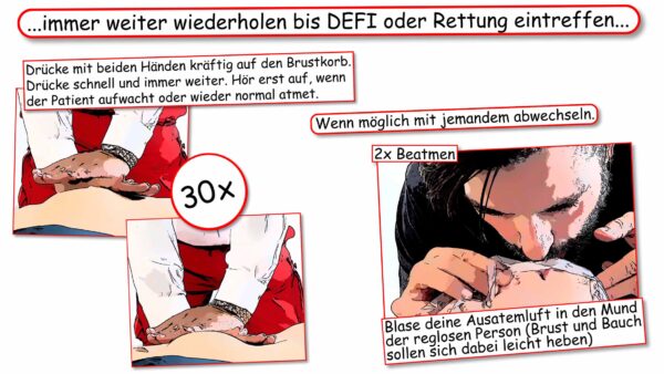Herz-Druck-Massage: Wiederholen bis Rettung oder DEFI eintrifft