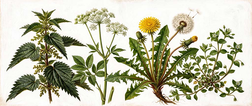 Naturkräuter - Brennnessel, Giersch, Löwenzahn und Vogelmiere