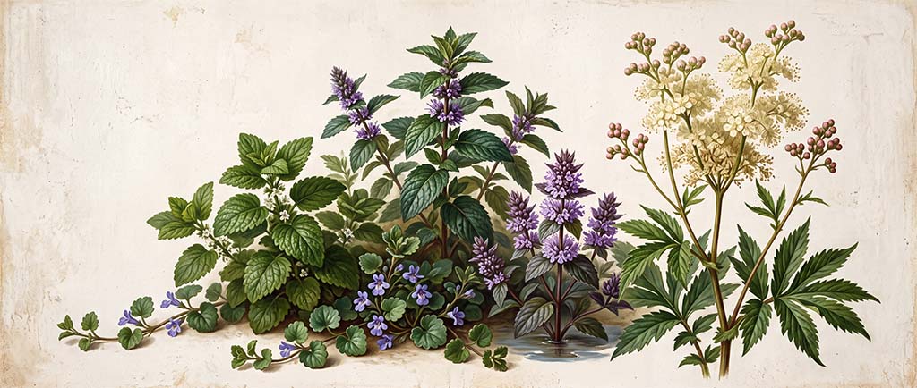 Naturkräuter - Pfefferminze, Bachminze, Zitronenmelisse, Gundermann und Mädesüß
